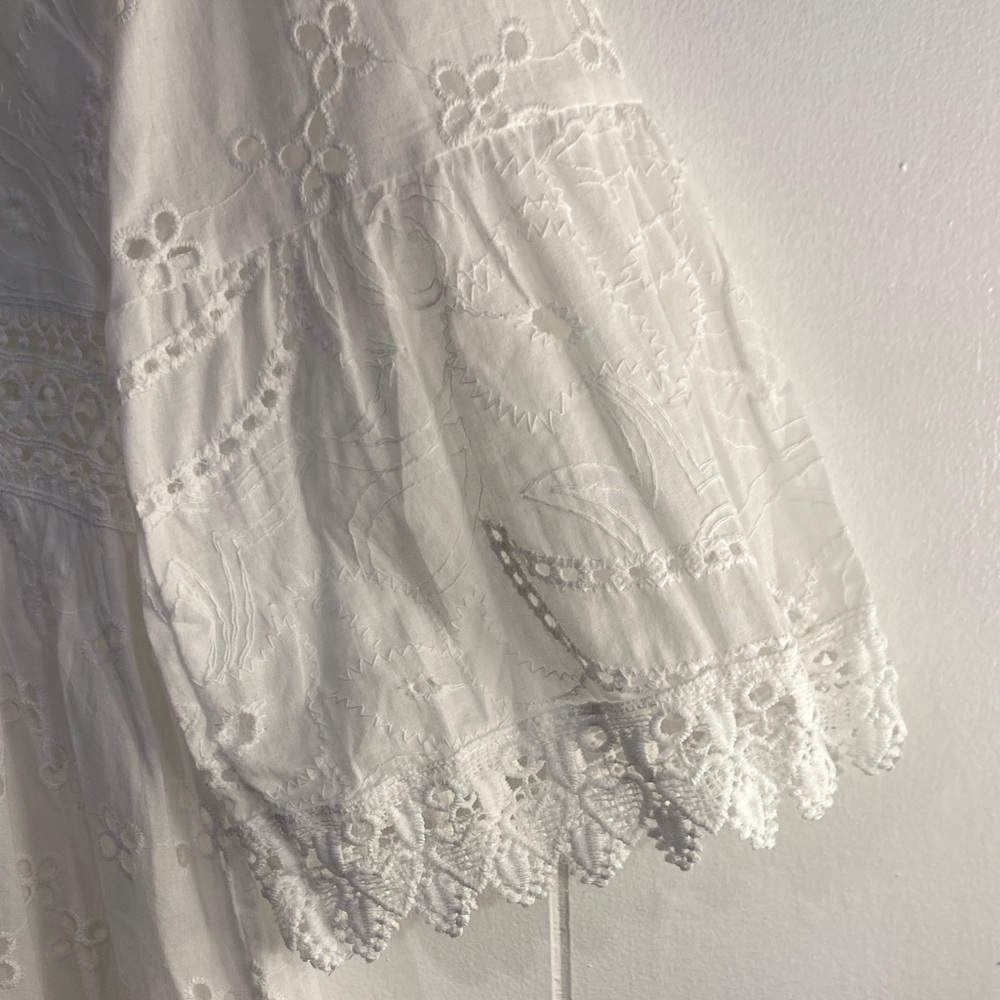 Fit and Flare Romantic White Dress Eyelet Heart Lace Bell Sleeve Boho Resort XS - Picture 5 of 12